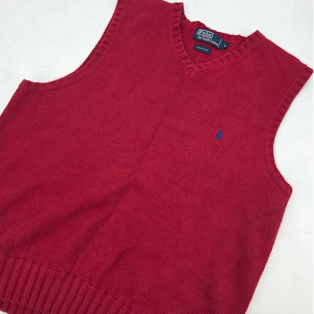 VINTAGE 90S POLO RALPH LAUREN SWEATER VEST MENS LARGE RED BLUE PONY VNECK COTTON